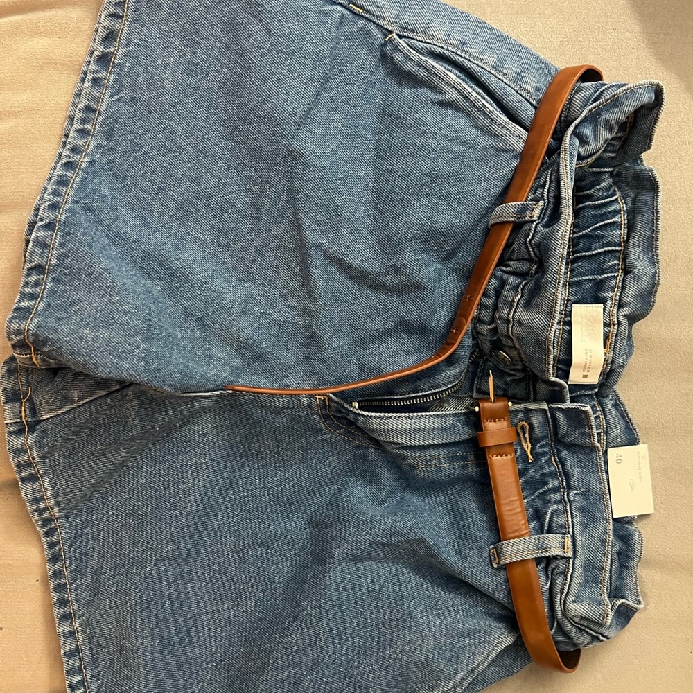 Zara Blue Denim Shorts with Tan Belt